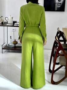 Setelan 2 Potong Wanita Minimalis untuk Sehari-hari, Elegan, Kasual, Warna Polos, untuk Musim Semi/Gugur - Lime Green - View 2