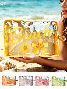 彩色透明化妝包－文具收納袋－印有 BEACH 字樣與花朵，防水透明旅行盥洗包附拉鍊，便攜式化妝收納袋，適合女性，可收納化妝品、盥洗用品與旅行必需品，適用於日常使用、度假、出差、健身、海灘，適合學生、旅行者與美容愛好者，適合夏季假期、生日與伴娘禮物，返校季禮物 - 彩色 - 查看 2