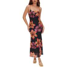 cider Women's Summer Floral Maxi Dress Spaghetti Strap Stretch Bodycon Mesh Beach Vacation Date Night Long Dresses Variant 1 - 黑色 - 查看 2