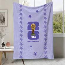 FIFA 2026 世界盃墨西哥城足球法蘭絨毯套組，淡紫色星形框 26 世界盃獎盃字母 Logo 舒適法蘭絨披毯，適用臥室、客廳日常使用 - 顏色 1 - 查看 6