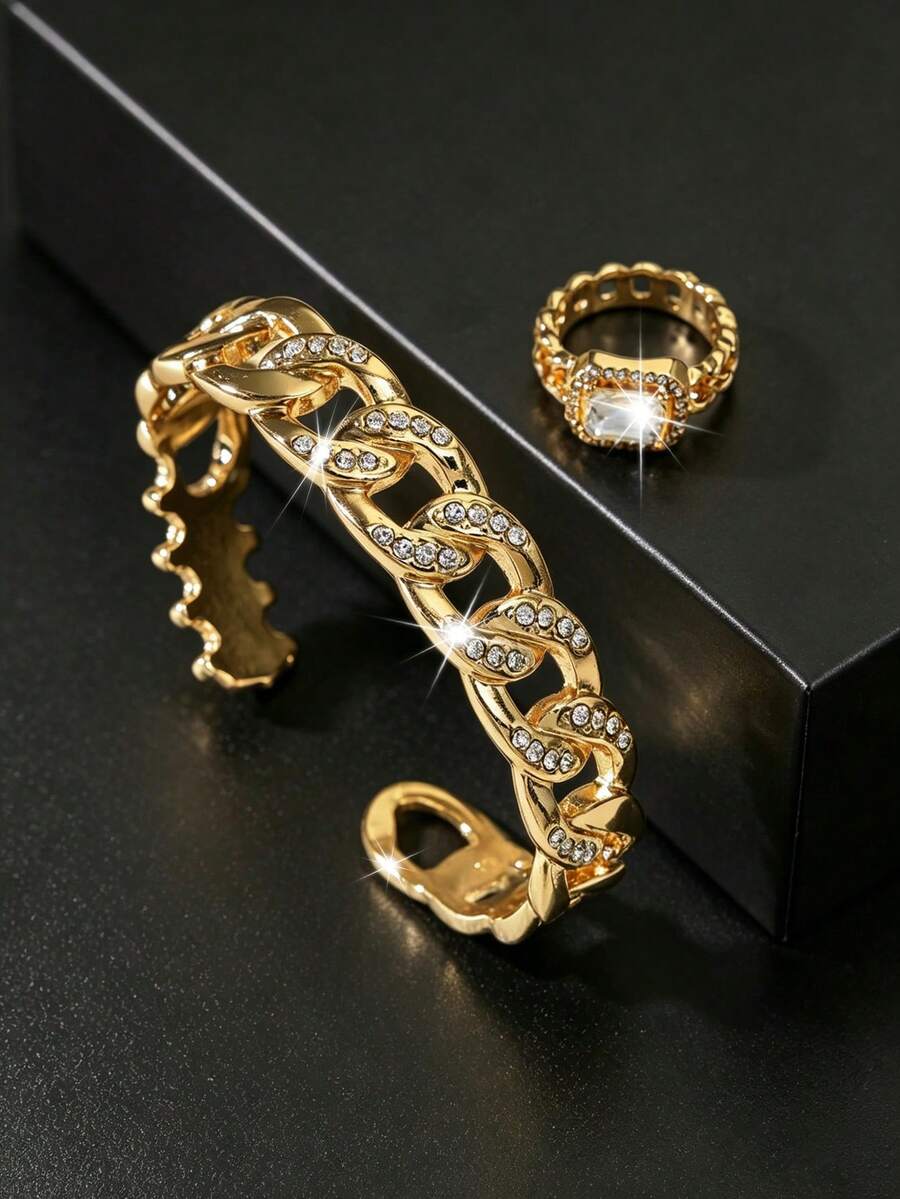 1pc Luxury, Exquisite, Elegant Alloy Bracelet And 1pc Ring Set, Sparkling Rhinestone Jewelry Set, Suitable For Holidays, Parties, Dates, Gifts And Daily Wear, Perfect Holiday Gift. - Gold - View 1
