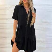Ropa femenina transfronteriza de estilo europeo y americano, vestido casual de manga corta de algodón y lino, de corte holgado, color liso y con cuello vuelto. - Rosa Fucsia - Ver 3