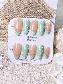 10pcs Handmade Almond Shaped Press-On Nails, Nude Base With Mint Green And White Polka Dot French Tips, Fresh Minimalist Reusable Fake Nail Stickers, Suitable For Spring And Summer Daily Wear - Lime Green - View 2