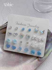 12 Pairs Fashionable Unique Women's Exquisite Stud Earrings Set, Minimalist Bow Heart Flower Design, Suitable For Casual, Date, Daily Wear, Jewelry Gift - Baby Blue - View 7