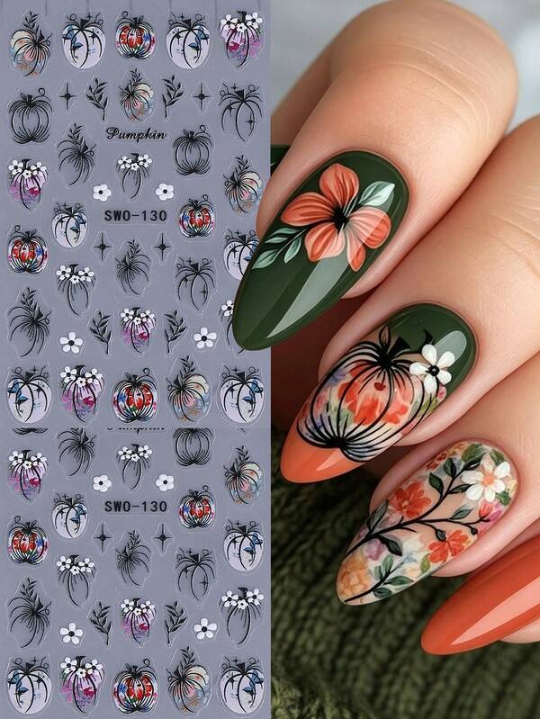 2 PIEZAS Pegatinas de Uñas 5D con Relieve de Calabaza de Otoño, Diseño Minimalista de Contorno de Calabaza con Flores de Margarita, Calcomanías de Uñas 3D Autoadhesivas, Accesorios de Manicura Estilo Otoño y Acción de Gracias, Decoración de Uñas DIY para Vacaciones