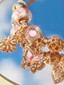 Popjeli 1pc Stainless Steel Bracelet With Colorful Butterfly, Leaf & Daisy Charm - Gold Pink - View 4
