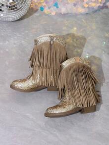 NILOSH Girls' Glitter Tassel Denim Boots, Western Mid-Calf Boots, Suitable For Parties, Dancing And Performances - Gold - View 8