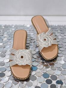 1 Paio di Eleganti Pantofole Piatte con Decorazione Floreale in Strass - Sandali da Donna Leggeri con Punta Aperta per Vacanze Estive e Spiaggia - Beige - Visualizzare 6