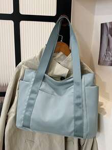 Tas Tote Kasual Minimalis Warna Polos Bergaya, Kapasitas Besar, Tas Bahu Wanita, Liontin Tidak Termasuk - Baby Blue - View 3