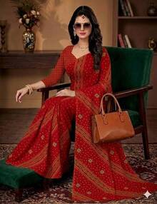 Estationeryhouse Bandhani Diagonal Print With Unstitched Blouse Piece - Red - View 1