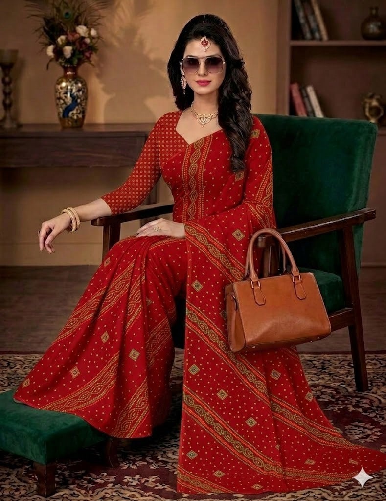 Estationeryhouse Bandhani Diagonal Print With Unstitched Blouse Piece - Red - View 1