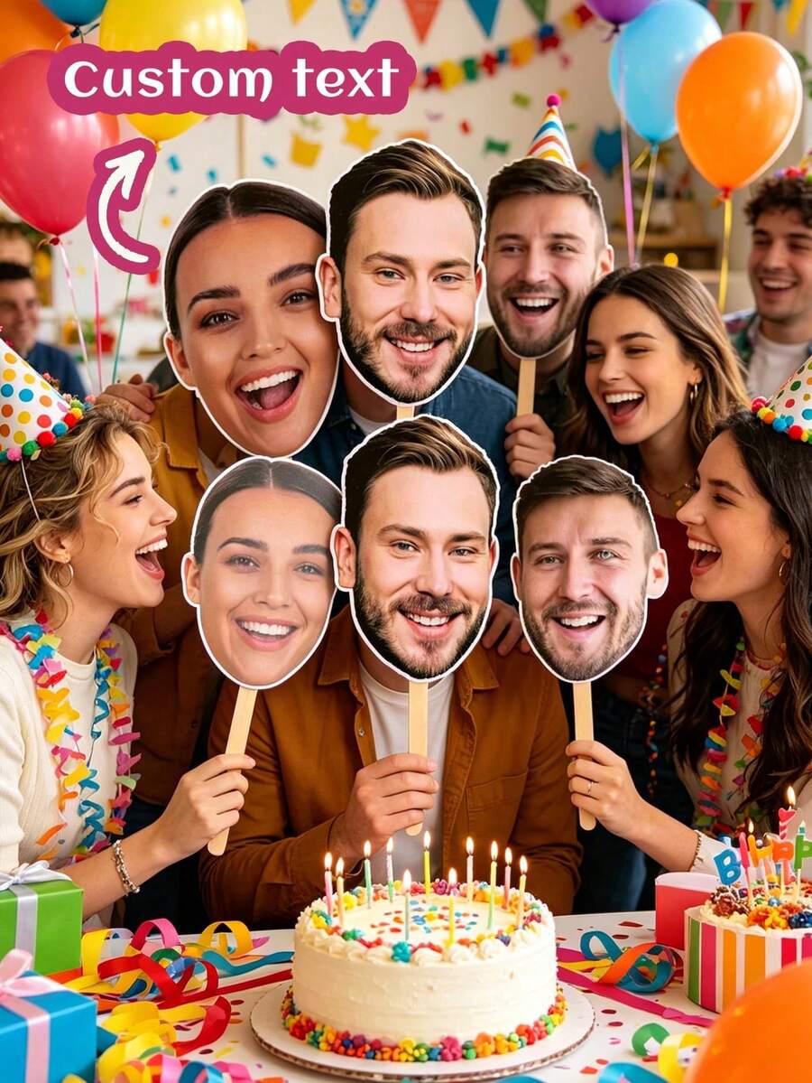 Custom Large Handheld Face Sign - Personalized Hollow Design, Displaying Groom And Bride's Faces, Head Image Mounted On Handle - Multicolor - View 1