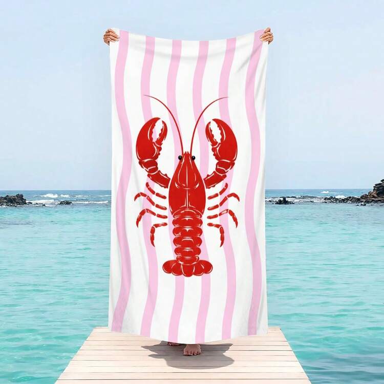 1pc Super Soft Pink Striped Lobster Pattern Beach Towel For Beach Pool Party - Vacation Beach Accessory Beach Blanket Pool Towel - Multicolor - View 7