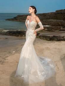 Elasola HEARBOBO Vintage Baroque Lace Applique White Formal Evening Gown, Mermaid Style Bridal Wedding Dress Fall - White - View 5