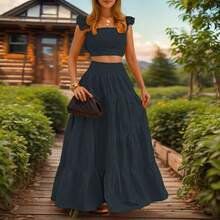 Conjunto de Vestido de Dos Piezas Elegante y Sexy de Color Sólido con Tirantes y Cintura Media para el Verano de 2026 - Blanco - Ver 10