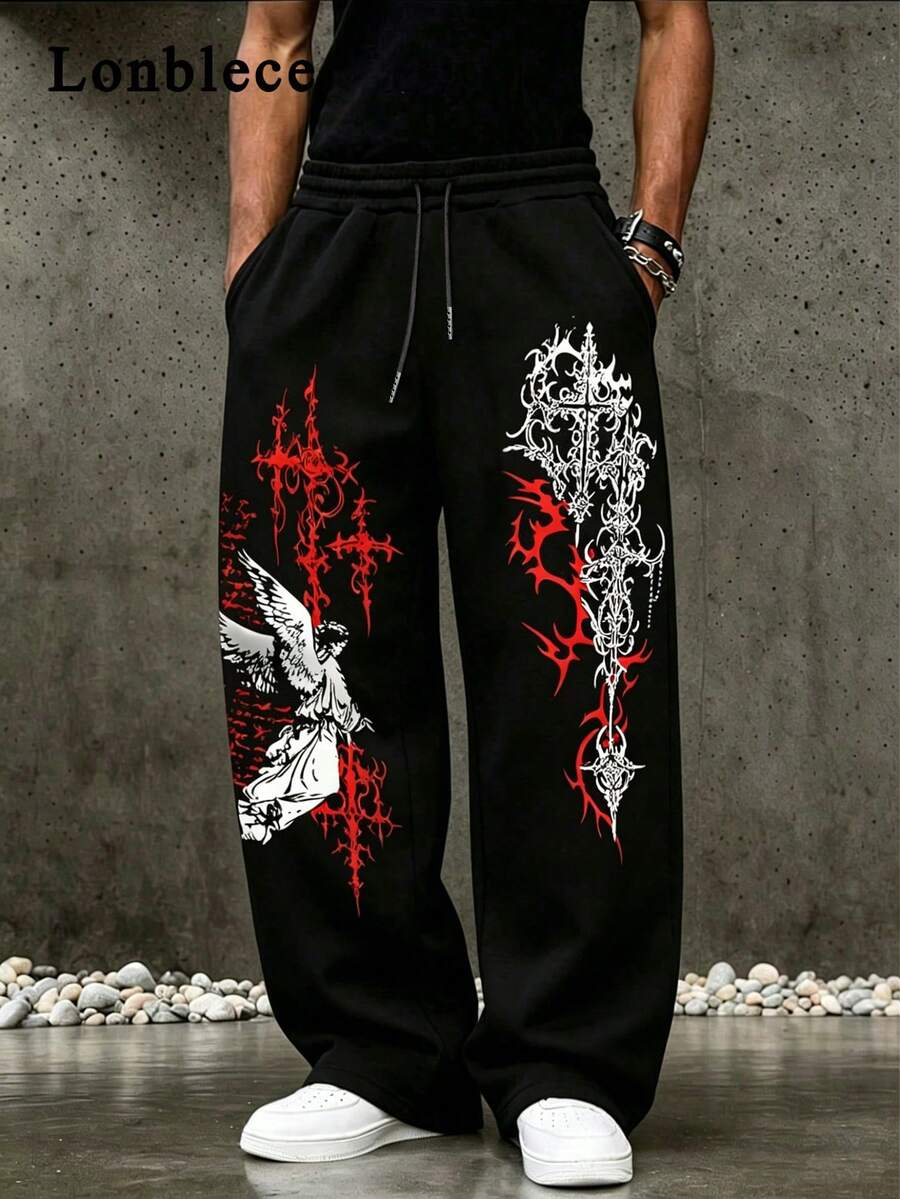 Lonblece 1pc Men's Gothic Street Style Sweatpants, Loose Fit Red & White Cross Print Casual Pants, Street Wear - Black - View 1