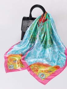 1pc 90*90cm Women Bandana Bohemian Style Fashion Paisley Print Satin Scarf, Daily Casual Elegant Plus Size Headscarf Sun Protection Shawl - Mint Blue - View 3