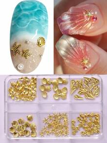 Gold Ocean Style Nail Art Accessories, 6-Grid Shell, Starfish, Conch, Seahorse Metal Decor, Marine Life Nail Art Charms, Fragrance-Free Nail Art Supplies, Nail Art Decorations, Nail Art Gems - Multicolor - View 1
