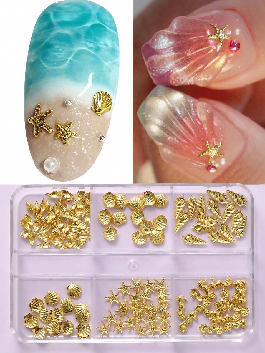 Gold Ocean Style Nail Art Accessories, 6-Grid Shell, Starfish, Conch, Seahorse Metal Decor, Marine Life Nail Art Charms, Fragrance-Free Nail Art Supplies, Nail Art Decorations, Nail Art Gems - Multicolor - View 1