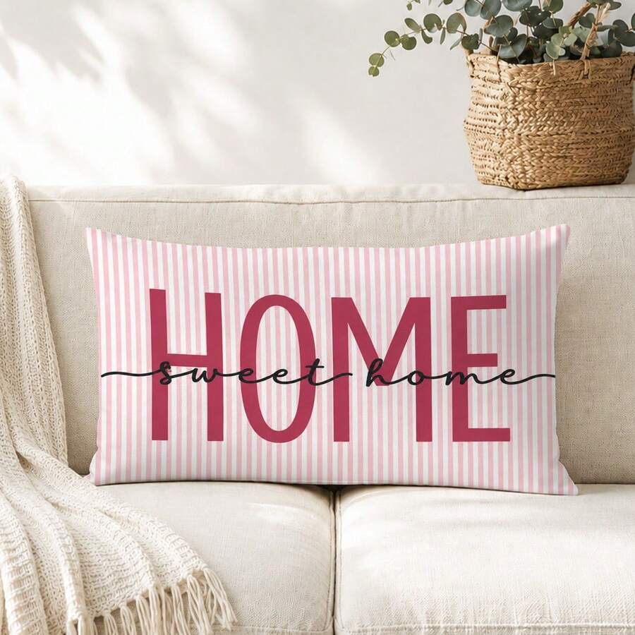 1pc Minimalist Daily Pink Striped Warm Home Slogan "Sweet Home" Text Illustration Cushion Cover, Single-Sided Printed Peach Skin Velvet Material, 30*50/40*60CM Pillowcase Suitable For Modern Minimalist Sofa Living Room Decor, Party Decoration, Gift Giving - Multicolor - View 1