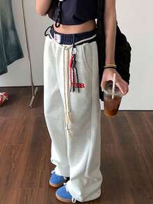 女款海軍藍復古休閒運動長褲，拼接腰頭、直筒褲管、美式寬鬆大寬腿褲 - 灰色 - 查看 2