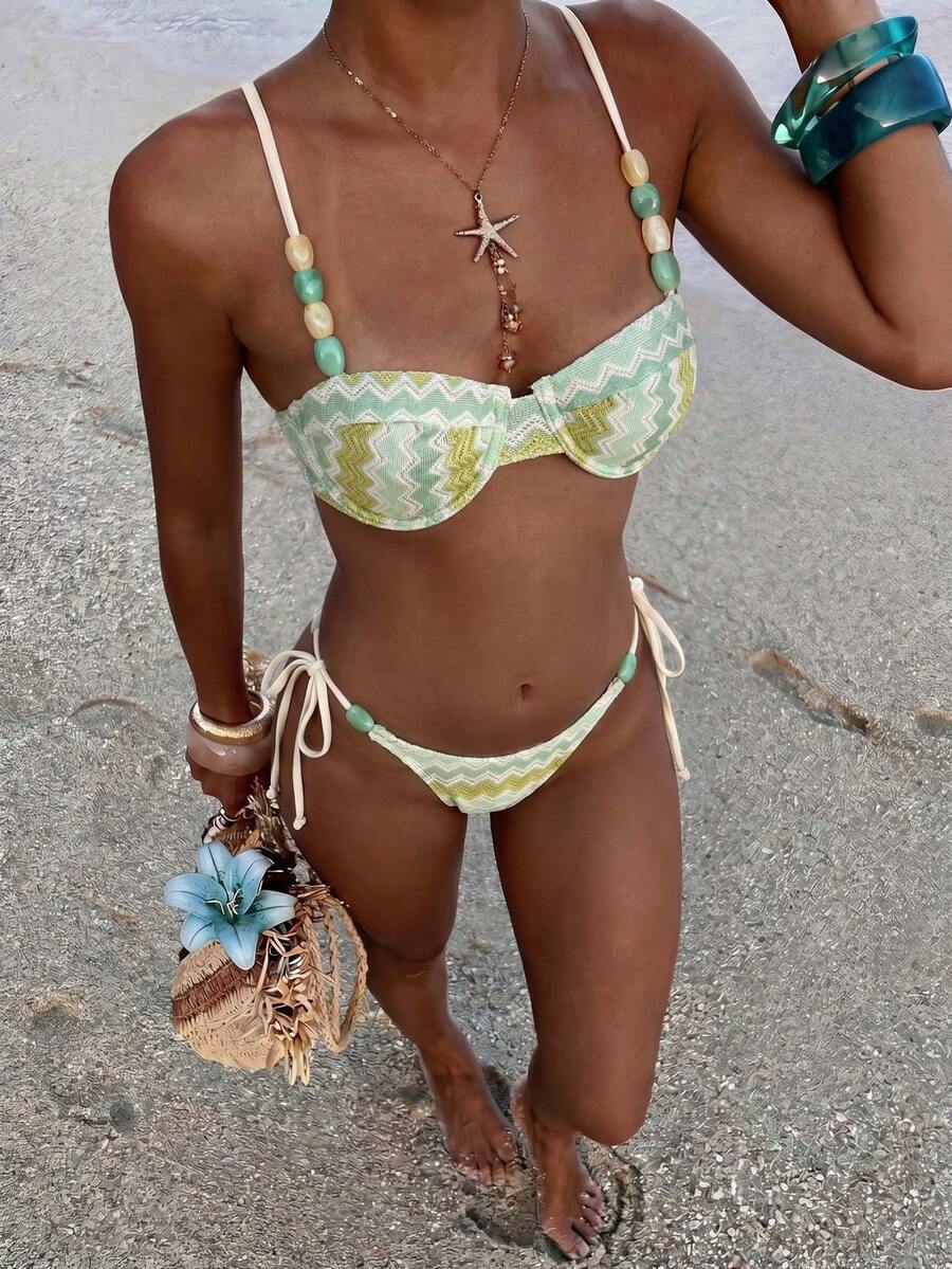 Bikinx Women's Green Wavy Texture Underwire Bikini Set, Beaded Shoulder Strap Swimwear, Suitable For Beach Vacation Summer - Multicolor - View 1