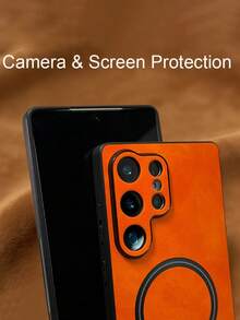 奢華啞光仿羊皮皮革磁吸無線充電手機殼，適用於 Galaxy S26 Ultra S24 S25 Ultra S23 Ultra S22 Ultra，親膚觸感，相機保護，防震裝甲商務保護殼，附掛繩 - 橘色 - 查看 5
