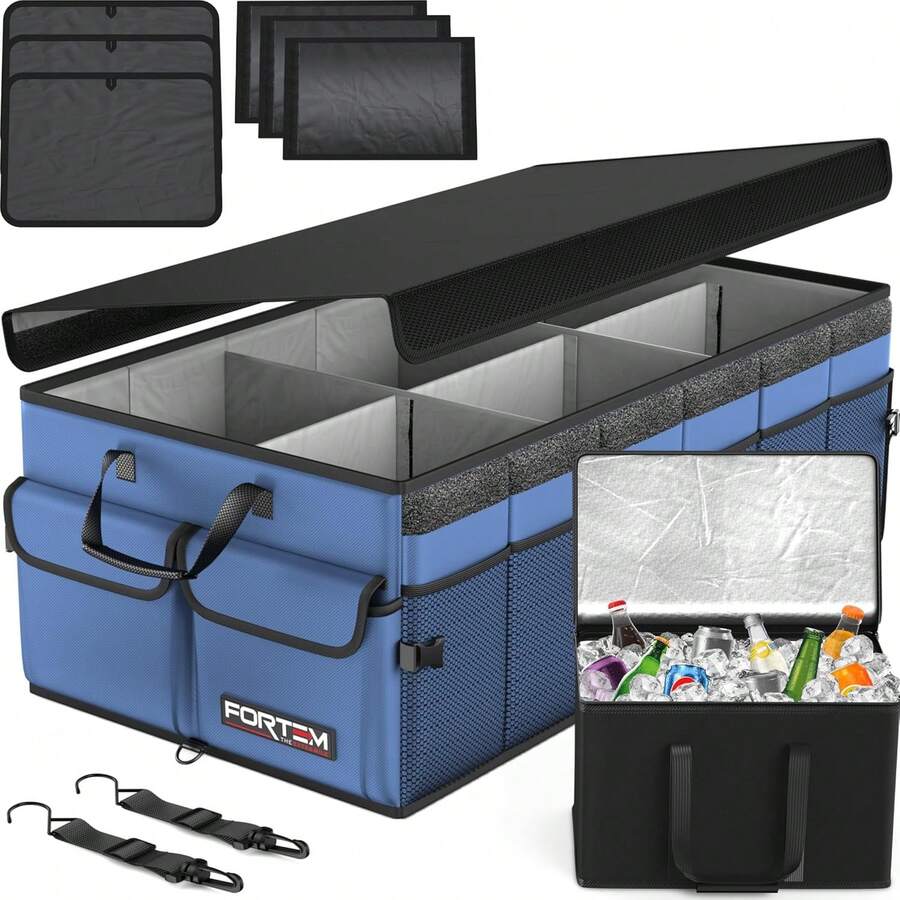 FORTEM Car And SUV Trunk Organizer - Car Storage Organizer - Large Foldable Box With 2 Compartments - Non-Slip Base - Adjustable Straps - Removable Lid (Black) - 藍色的 - 查看 1