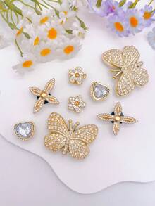 8pcs Gold Rhinestone Large Butterfly, Flower, Heart Shape Shoe Charms DIY Detachable - Personalized Footwear Style - Gold - View 4