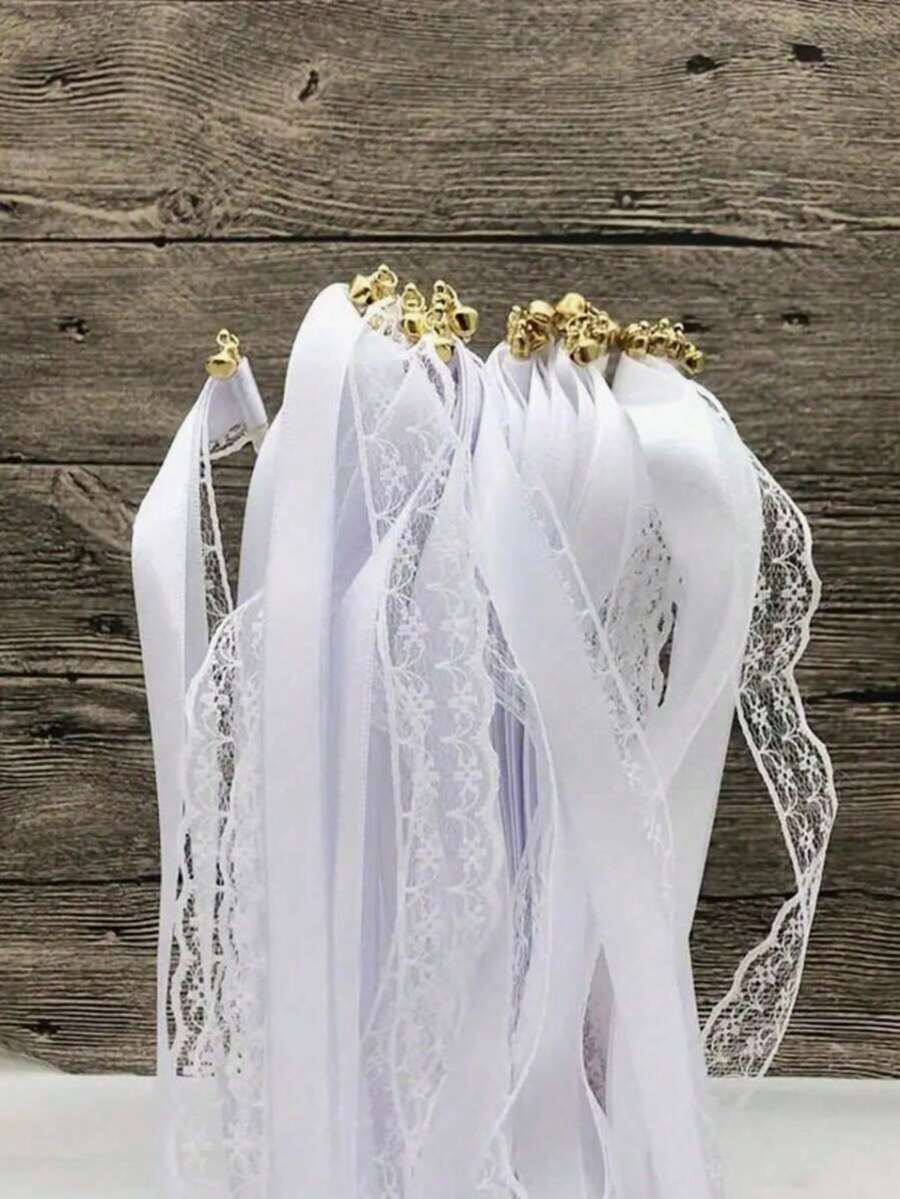 10/30/50/60Pcs White Lace Ribbon Fairy Wands With Gold Silver Bells, Twirling Streamer Sticks, Wedding Christmas Party Cheering Props & Guest Favors Exquisite Disposable Ribbon Wristbands For Event And Conference Admission Wedding Decor - White - View 1
