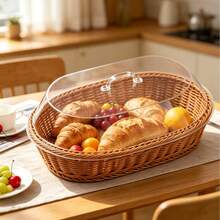 Woven Plastic Rattan Service Basket With Transparent Dust Cover, Essential Kitchen Accessory For Summer Holidays, Food Display Tray, Storage For Bread, Fruit, Desserts, Suitable For Bakery, Home Kitchen, Restaurant - Multicolor - View 3