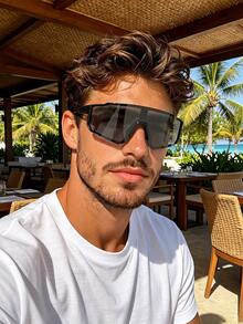 1 Pair Men's Plain Lightweight Flexible UV Protection Sports One-Piece Large Frame Cycling Glasses, Suitable For Outdoor Cycling, Beach Vacation, Driving And Daily Wear - Multicolor - View 4