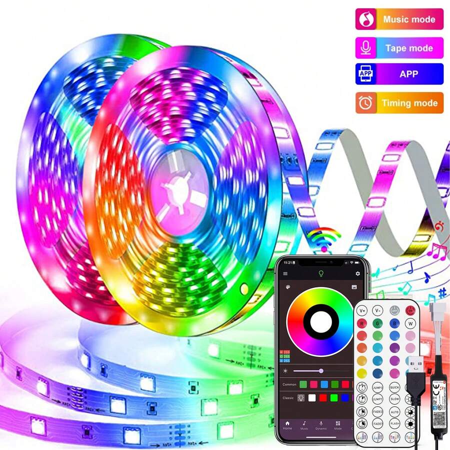 3ft-100ft RGB LED燈條，適用臥室家居裝飾，電視背光燈，附44鍵遙控器與APP控制，定時、音樂同步變色燈條，適用房間、客廳、節日裝飾、廚房裝飾