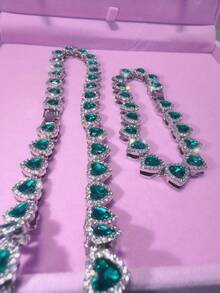 1pc Green Heart-Shaped Rhinestone Tennis Chain Jewelry Set For Women, Silver Metal Luxury Necklace/Bracelet, Suitable For Daily Wear And Parties, Gift For Her - Green Heart - View 2