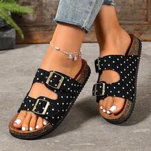 Polka Dot Double Strap Slides Korean Vintage Casual Open Toe Thick Sole Cork Sandals Soft Bottom Daily Home Outdoor Versatile Shopping Vacation Beach Shoes Comfortable Lightweight Women's Slippers - Black - View 4