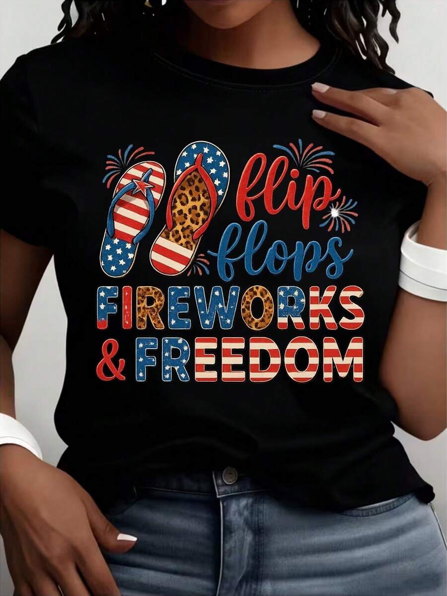 Camiseta de algodón puro de cuello redondo para mujer, de talla grande, moderna y versátil, de manga corta, un excelente artículo para celebrar las fiestas, disponible en tallas 3XL-5XL. Cam - Negro - Ver 1