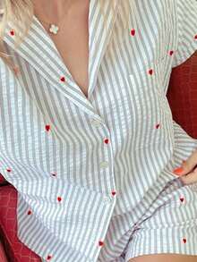 女款條紋愛心時尚休閒居家服套裝，彈性短褲睡衣套裝，春夏秋季適用 - 灰色 - 查看 5