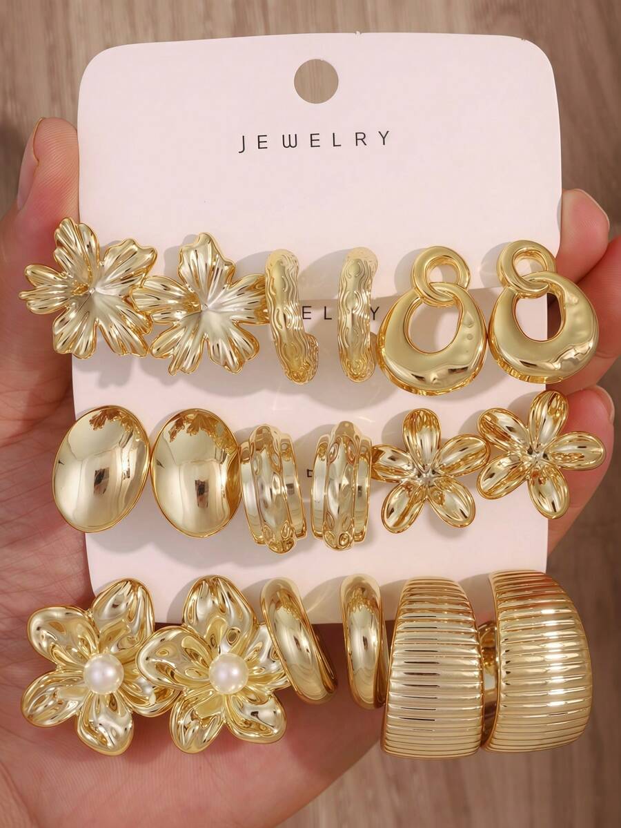 6/18PCS Fashion Women's Jewelry Set, Fashionable Minimalist Exaggerated Asymmetrical Earrings, Elegant Versatile Suitable For Women's Vacation, Travel, Casual Wear - Gold - View 1
