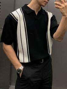 Spring/Summer New Unisex Men's Business Casual Colorblock Striped Minimalist V-Neck Pullover Knit Top Thin Short Sleeve T-Shirt - Black - View 6