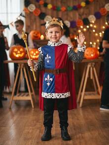 4 piezas Disfraz de Rey Medieval para Niños: Túnica + Corona + Capa + Pantalones, Adecuado para Actuaciones Escolares y Temas Históricos - Multicolor - Ver 10