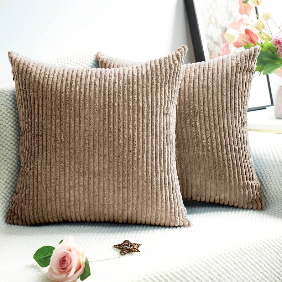 1 Housse De Coussin En Velours Côtelé, Douce Et Doublée De Flanelle, Pour Canapé, Lit Et Salon, 40 X 40 Cm / 55 X 55 Cm - Brun clair - Voir 1