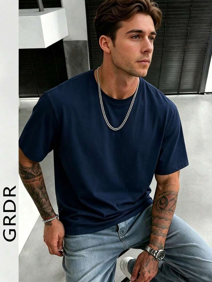 GRDR 男士时尚宽松短袖T恤 | 精致设计 | 夏季必备 | 百搭易配 | 展现您的风格 - 藏蓝色 - 查看 1