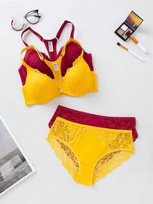 2 Sets Women's Elegant Front-Closure Lace Backless Bra And Lace Triangle Panty Bra Set, Comfortable One-Piece Bra Set - Multicolor - View 3