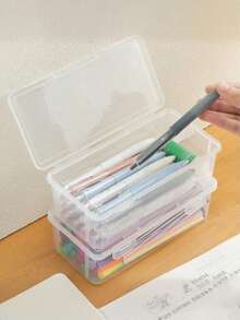 1pc Clear Stackable Plastic Pencil Box With Secure Snap Lid Large Capacity Marker Gel Pen Coloring Pencil Storage Organizer Portable Desktop Drawer Container Multi-Use For School Student Office Artist Craft Jewelry Small Gadget Storage Holder - Multiple Styles - View 2