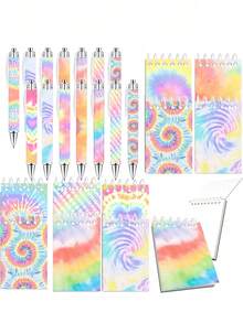 12pcs-Mini Tie-Dye Notebooks And Matching Ballpoint Pens. Colorful Style Pocket Notebooks And Ballpoint Pens, Back To School - Multicolor - View 6