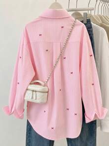 Women's Striped Color Block Shirt With Button Front, Casual Wear Pink - Pink - View 2