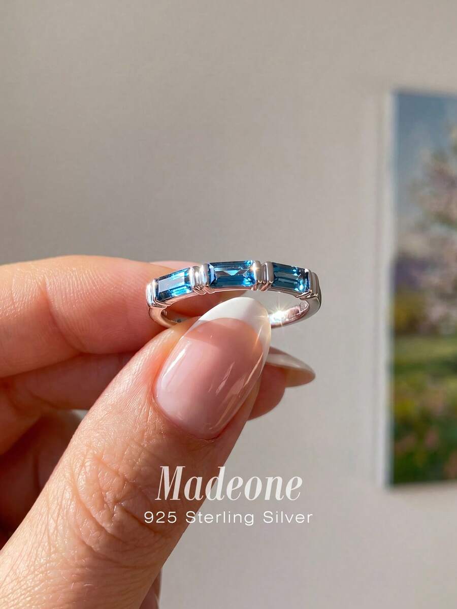 MADEONE 1枚925纯银简约长方形独特戒指，适合女性日常搭配、新娘装饰、情人节、送给女朋友的礼物 - 銀色 - 查看 1