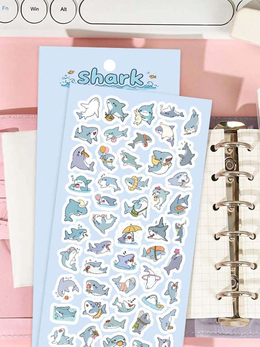Hoja de pegatinas de papel washi con tiburón de dibujos animados lindo, pegatinas pequeñas de animales marinos kawaii, pegatinas de película mate brillante para diario, álbum de recortes, funda de teléfono, taza de agua, tarjeta Guka, manualidades DIY, decoración de estudiantes, útiles escolares - tiburón - Ver 1