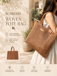 Burberry 女士草编手提包，编织敞口设计，大容量肩背手提包，加固提手，轻便易携，耐用柔软的草编材质，中性棕色波西米亚风格，透气面料，可装书籍、沙滩巾、日常必需品，适合通勤、海滩、购物、旅行、周末郊游，百搭时尚，是时尚爱好者的理想夏季礼物。 - 鏽棕色 - 查看 2