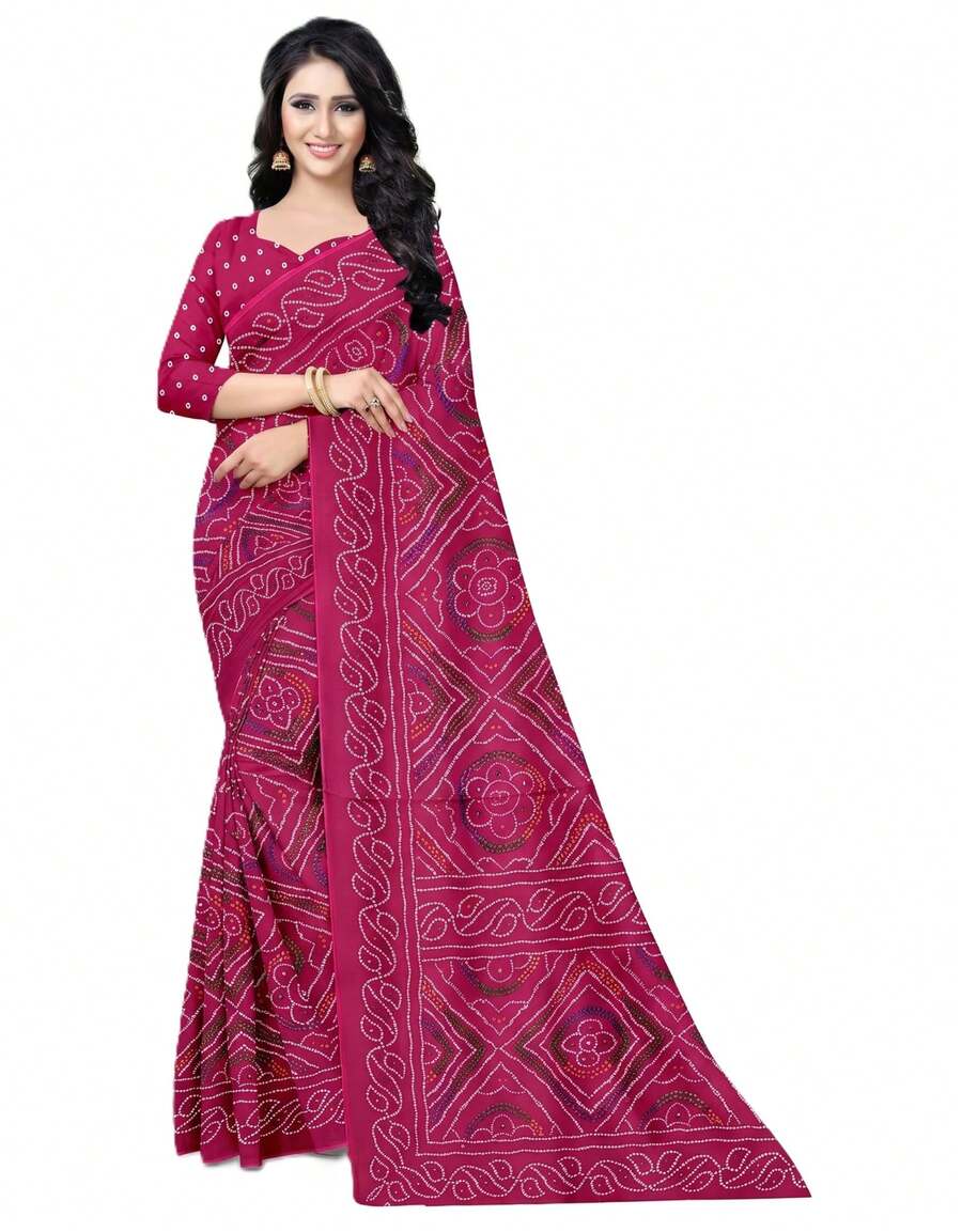 Estationeryhouse Bandhani Printed With Leaf Design Border With Unstitched Blouse Pc - Hot Pink - View 1